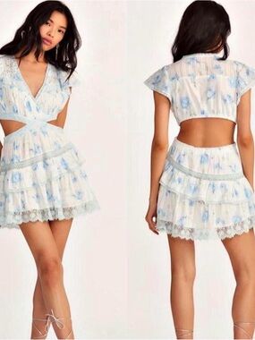 LoveShackFancy White Mini Dress with Blue Floral Accents